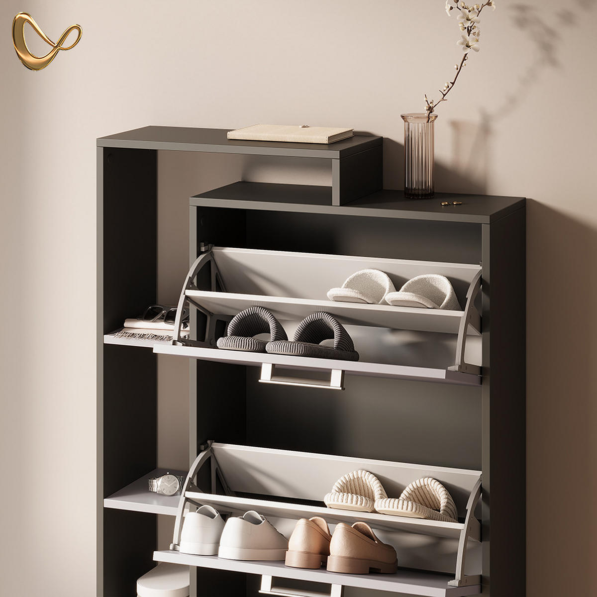 SCHUHKIPPER Ortello Anthrazit/Greige 80 x 128.3 cm mit 3 Fächern - Greige/Anthrazit, Holzwerkstoff (80/128.3/24.2cm) - Livinity®