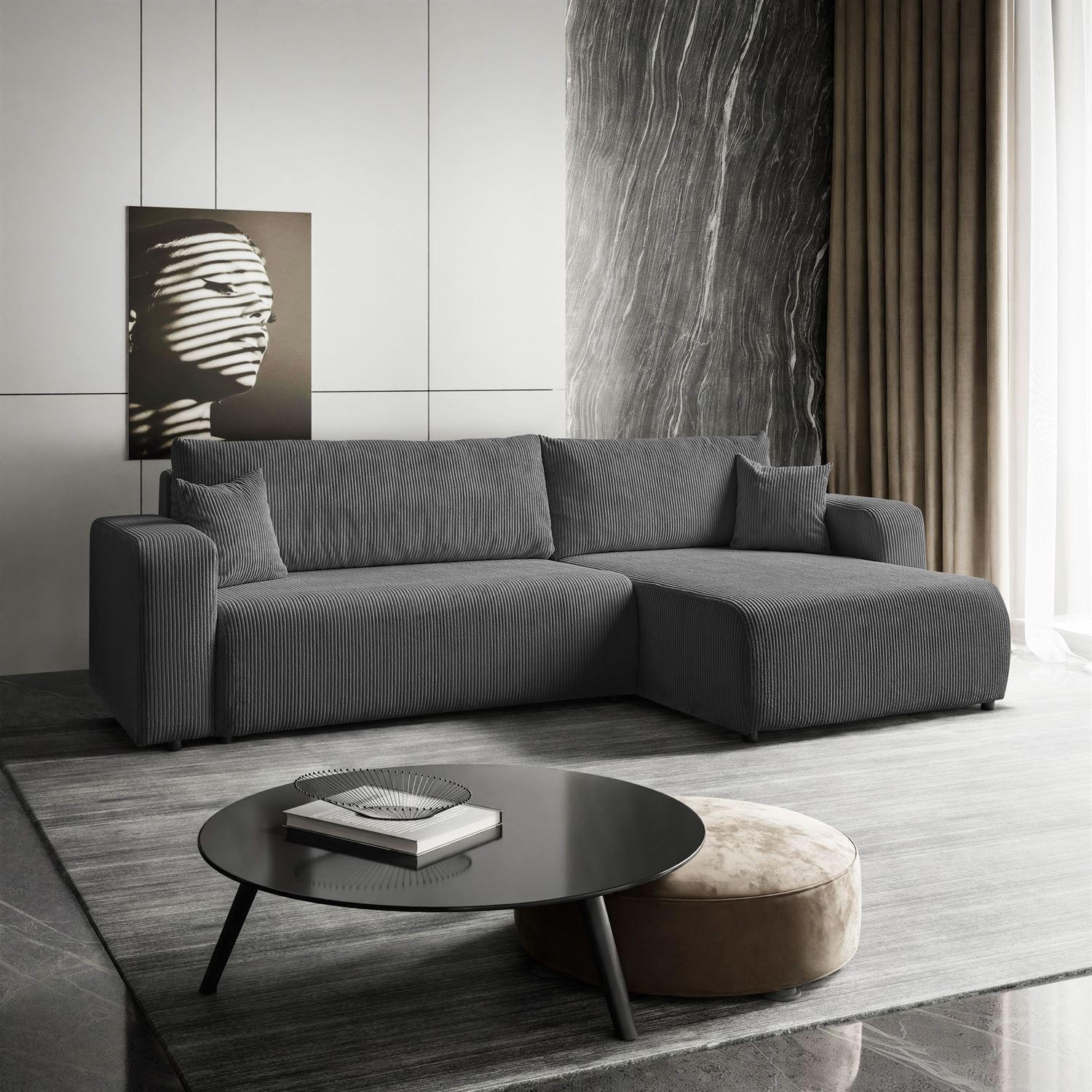 ECKSOFA Gepolstertes PRESTIGE XL mit Schlaffunktion und Bettkasten, Poso 60 - Grau, Textil (277/143cm) - Lookway
