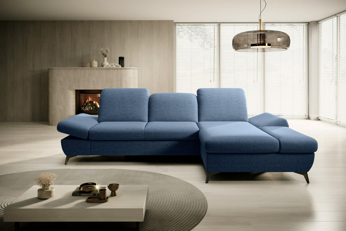 ECKSOFA FELICE R-S Blau Geflochtener Stoff mit Schlaffunktion - Blau, Holz (284/166cm) - MASSENO