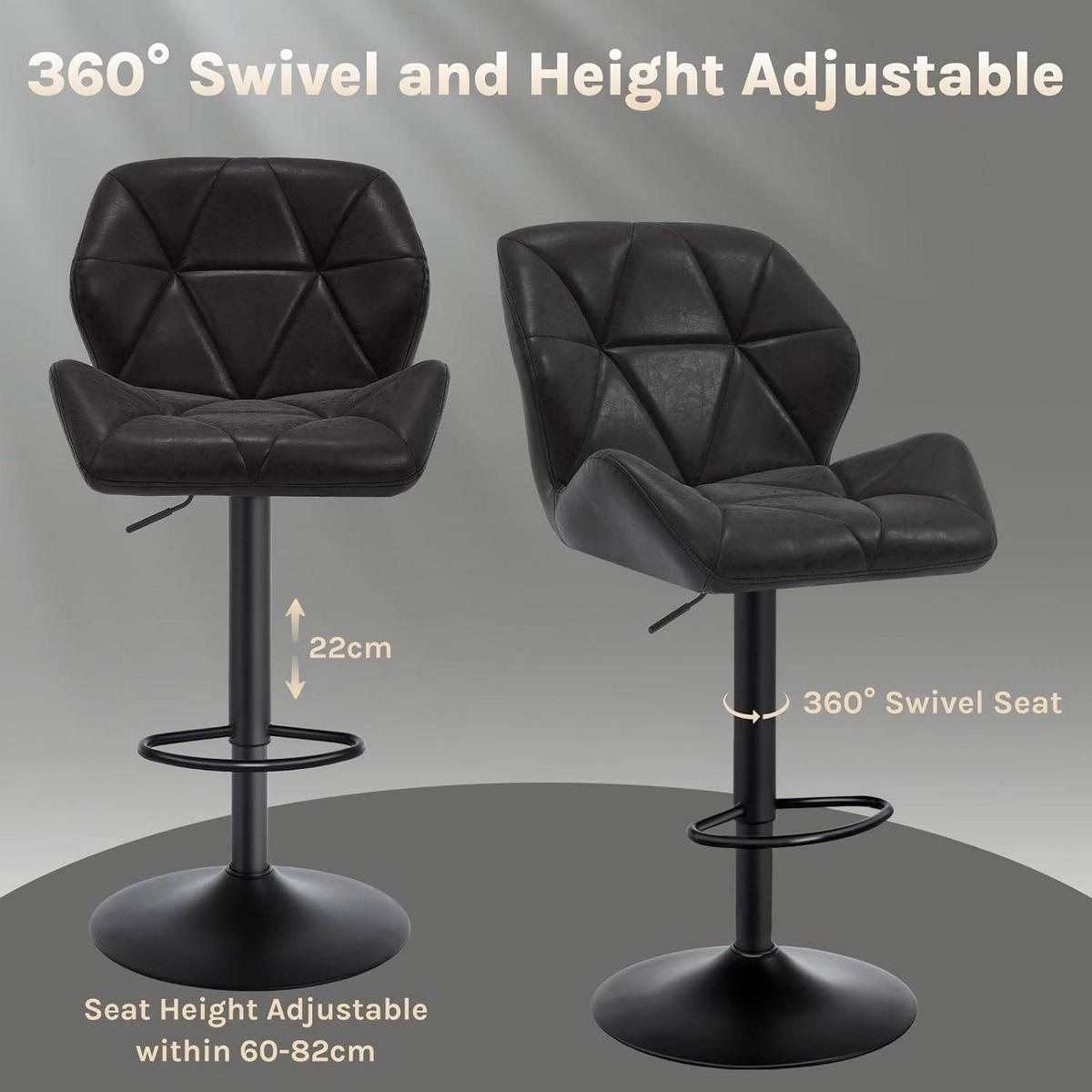 BARHOCKER 2er Set, höhenverstellbar,drehbar,Kunstleder Stahl - Schwarz, Metall (50/94/41cm) - Woltu