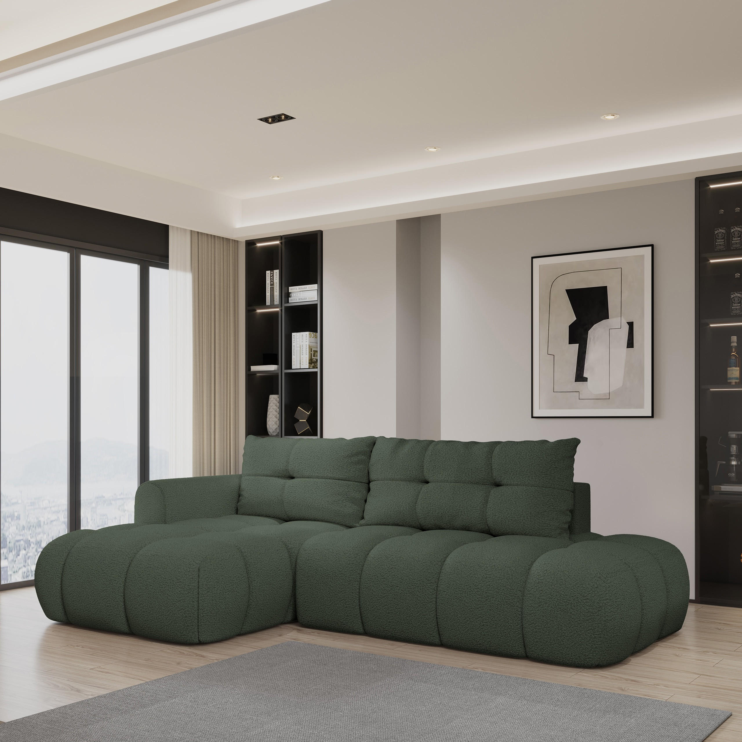 ECKSOFA FLUMA L-S Grün Boucle-Stoff mit Schlaffunktion - Grün, Holz (274/165cm) - MASSENO