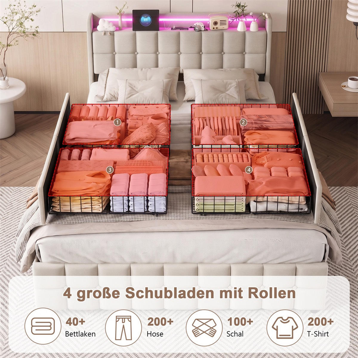 POLSTERBETT 180x200 cm Square Smart mit RGB-LED, EU-Steckdosen & USB-Ports, 4 Schubladen, Leinen-Optik, Beige - Beige, Textil (180/200cm) - DELFA