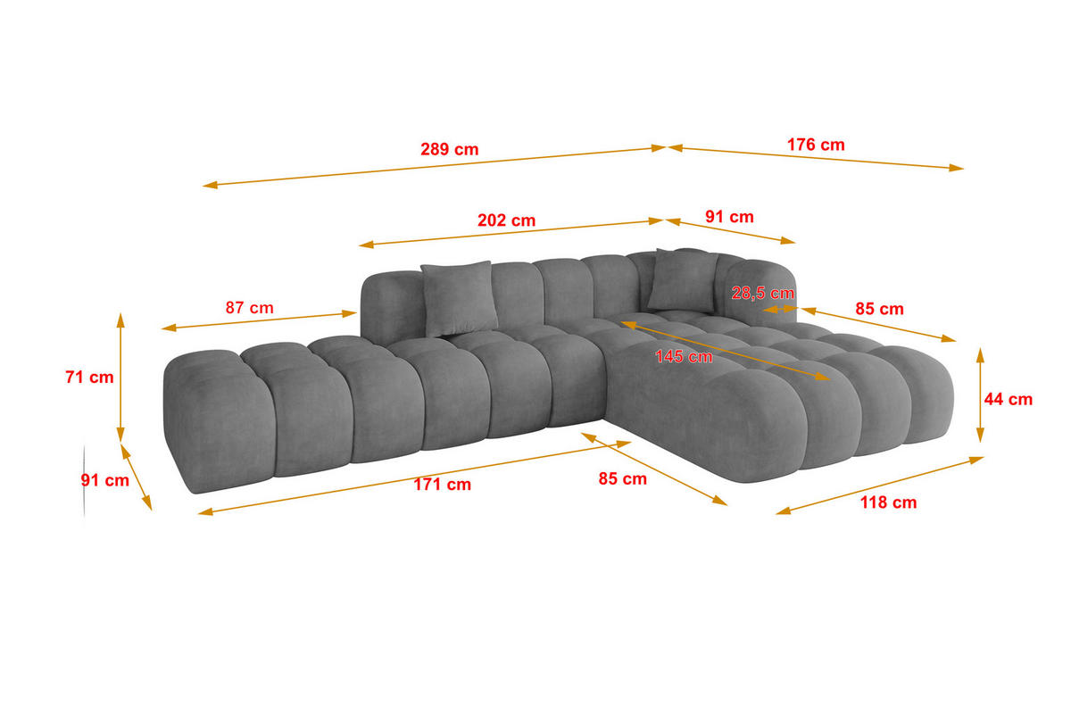 ECKSOFA Ottomane Rechts OLEA-L2 - 289x176x71 cm Titanfarben - Titanfarben/Schwarz, Holzwerkstoff/Kunststoff (289/176cm) - ALTDECOR