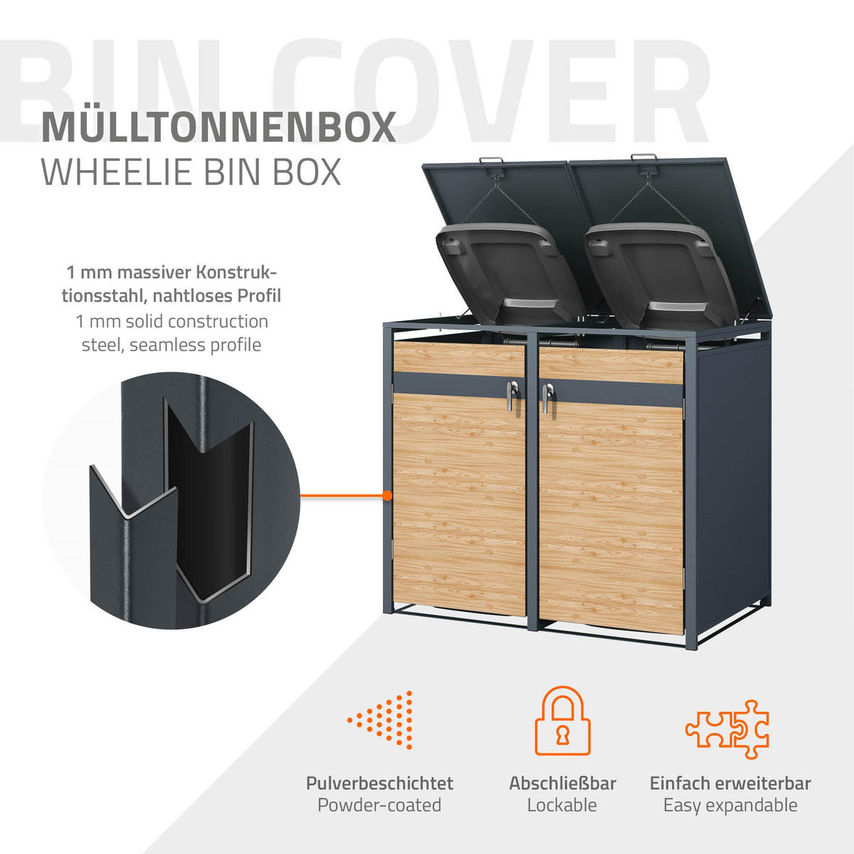 MÜLLTONNENBOX 2er Anthrazit-Lärchenoptik - Naturfarben, Metall (132/116.3/80cm) - ML-DESIGN