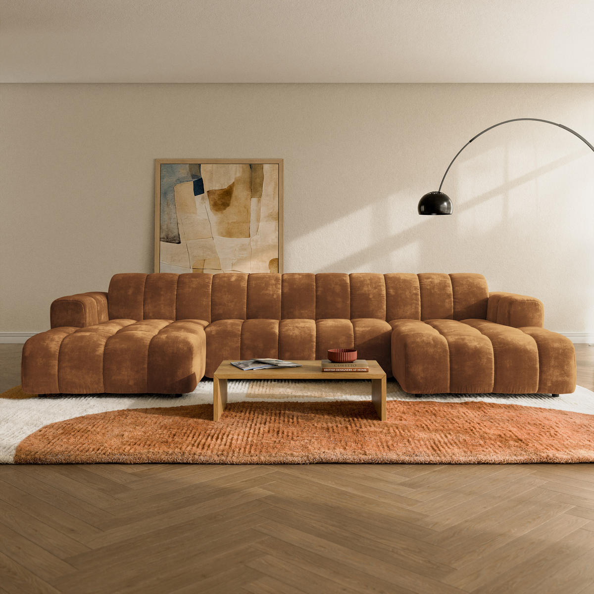 WOHNLANDSCHAFT AENIS Hellbraun Chenille - Hellbraun, Holz (398/85/165cm) - MASSENO