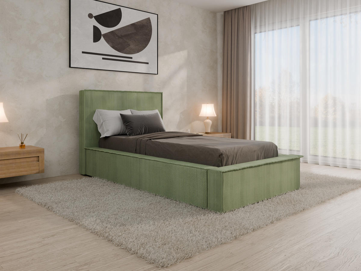 POLSTERBETT SANA 90x200cm Elegantes Polsterbett für modernen Wohnstil , 7-Zonen-Taschenfederkernmatratze mit kokos ARLAN (21 cm), Currygelb - Grün, Holz (90/200cm) - Panda Möbel