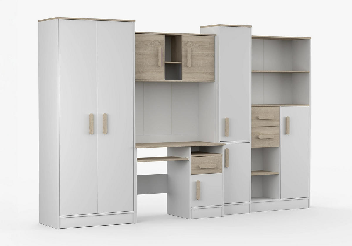 JUGENDZIMMER Wohnwand Colorino in Weiß und Eiche Sonoma – mit Eiche Sonoma Griffen 5 teilig - Kinderzimmer Komplett - Weiß, Holzwerkstoff (80/200/120cm)