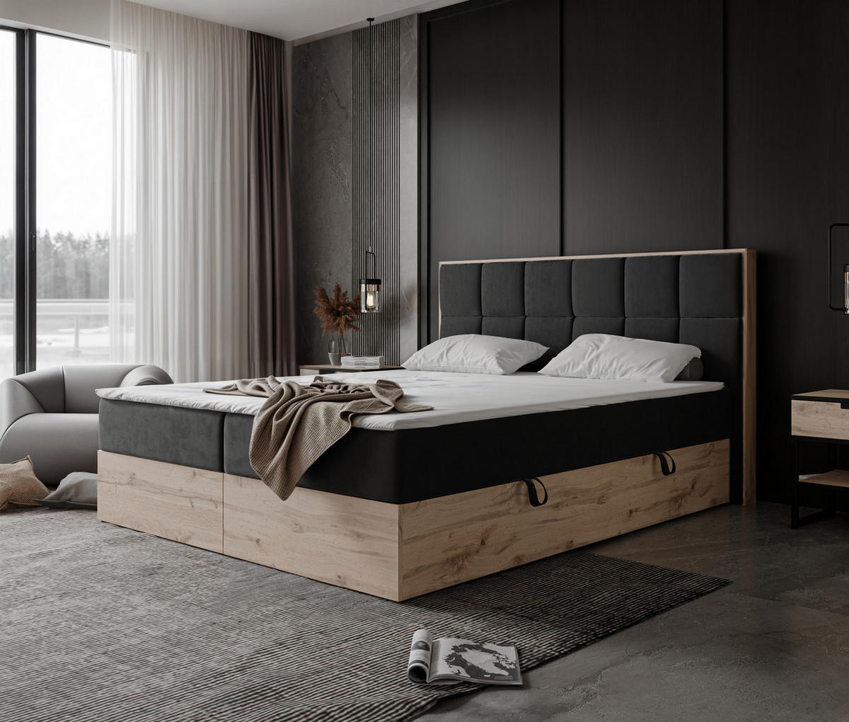 BOXBETT LAVIO II 180/200 cm, in Schwarz, mit Matratze und Topper - Schwarz, Holzwerkstoff/Textil (180/200cm) - Idohome