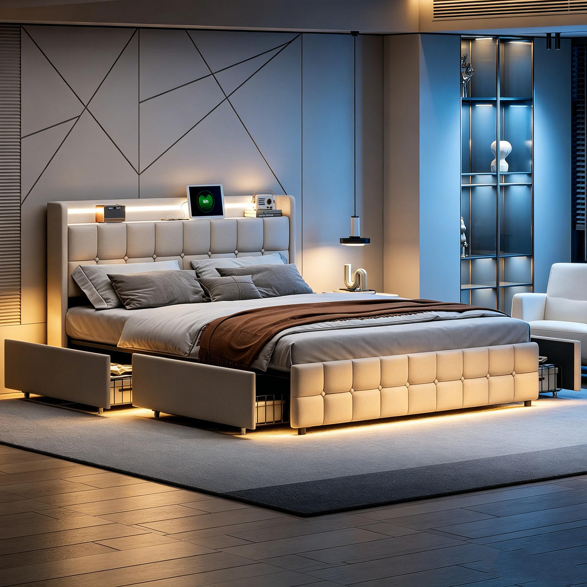 DOPPELBETT 140x200 mit stauraum, bettgestell mit LED, USB, 4 Schublade, Kopfteil, Lattenrost, Leinenstoff, beige - Beige, Textil/Metall (140/200cm) - GENKI LIVING