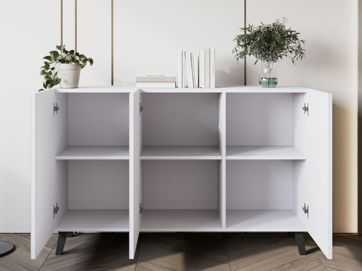 KOMMODE Phuket Weiß, gerillt 120 / 39 / 76 cm - Schwarz/Weiß, Holz/Holzwerkstoff (120/76/39cm) - Feldmann-Wohnen