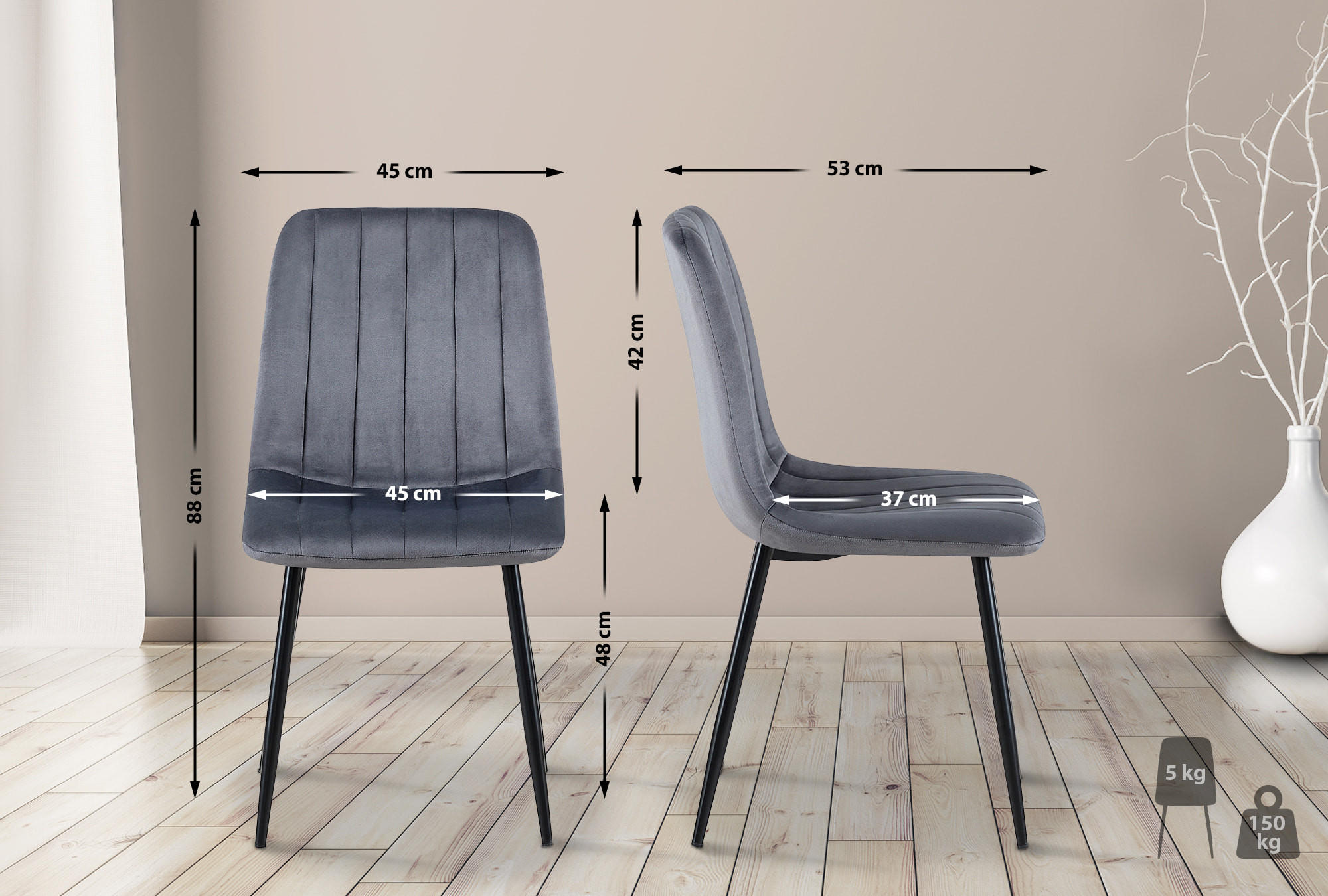 STUHL Samt Dunkelgrau - Dunkelgrau/Schwarz, Textil/Metall (45/88/53cm) - CLP