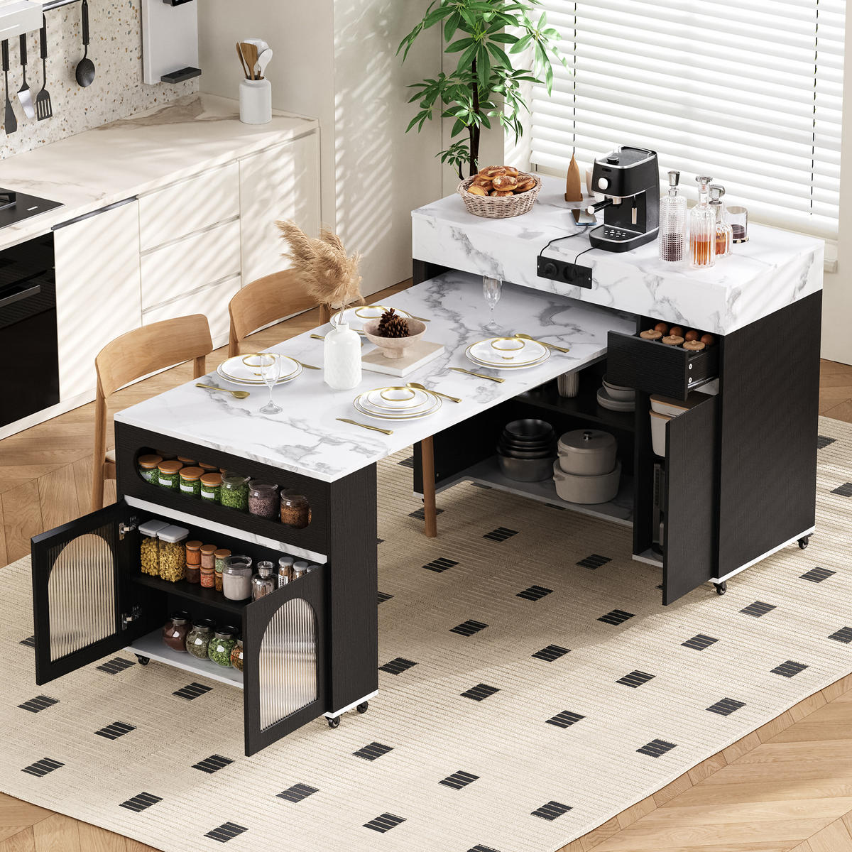 KÜCHENINSEL aus MDF 50.5-187.5x110.5x95.5 cm Schwarz mit Ausziehtisch & Steckdosen - Schwarz, Holzwerkstoff (187.5/95.5/110.5cm) - Modfu