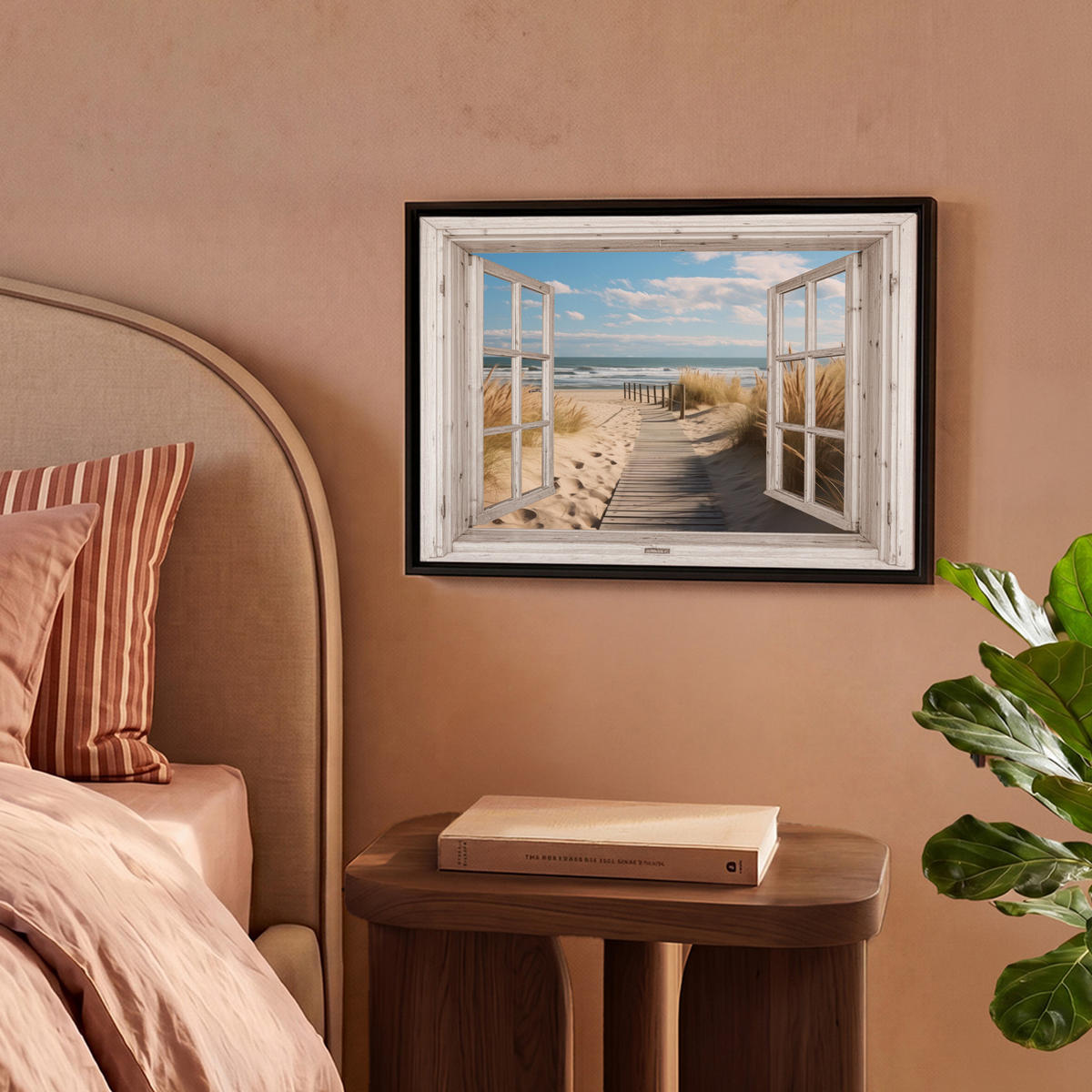 LEINWAND Bilder mit Rahmen - Fenster - Meer - Küste - Natur - Ausblick - Strand - Wattenmeer - 40x30 - Beige, Textil (40/30cm) - MuchoWow