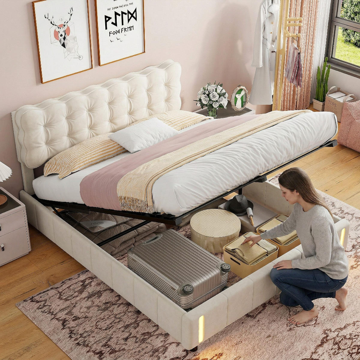 POLSTERBETT 160/200 cm Beige mit Bettkasten und LED-Beleuchtung - Beige, Holz (160/200cm) - SHOPENTRA