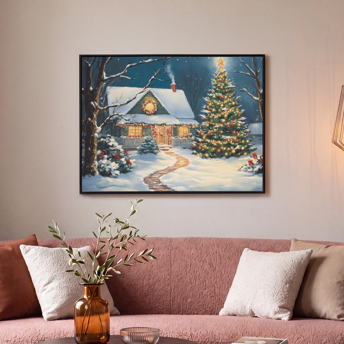 LEINWAND Bilder mit Rahmen - Weihnachten - Weihnachtsbaum - Winter - Zuhause - Schnee - 70x50 - Smaragdgrün, Textil (70/50cm) - MuchoWow