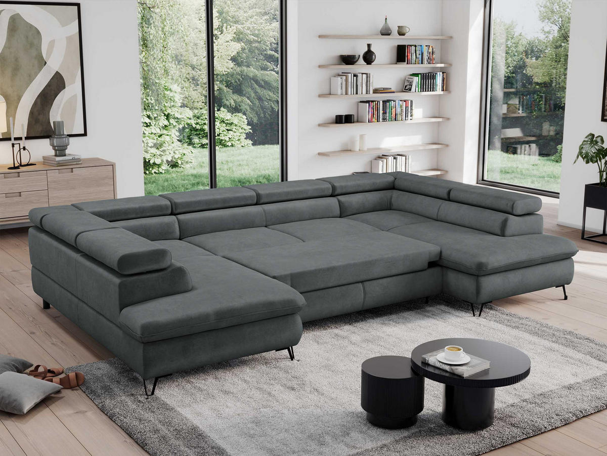WOHNLANDSCHAFT PEDRO U Samt Dunkelgrau - Dunkelgrau/Schwarz, Textil/Metall (346/76/208cm) - MKS