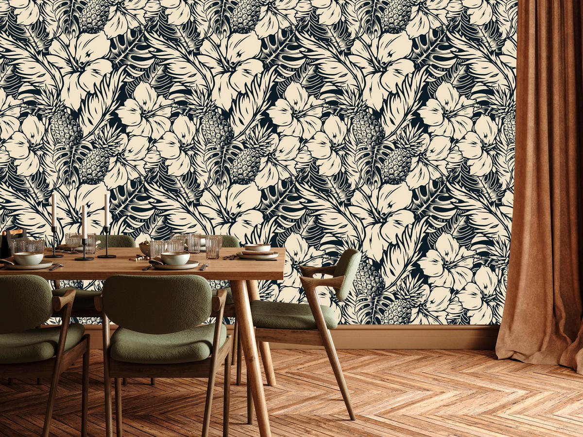 VLIESTAPETE Tropische Blüten und Ananas – Schwarz, Creme – 50x1000 cm - Creme/Schwarz, Papier (50/1000cm) - Muralo