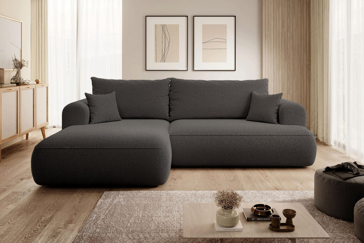 ECKSOFA Ovo Dunkelgrau Boucle - Dunkelgrau/Schwarz, Kunststoff/Textil (260/165cm) - Selsey
