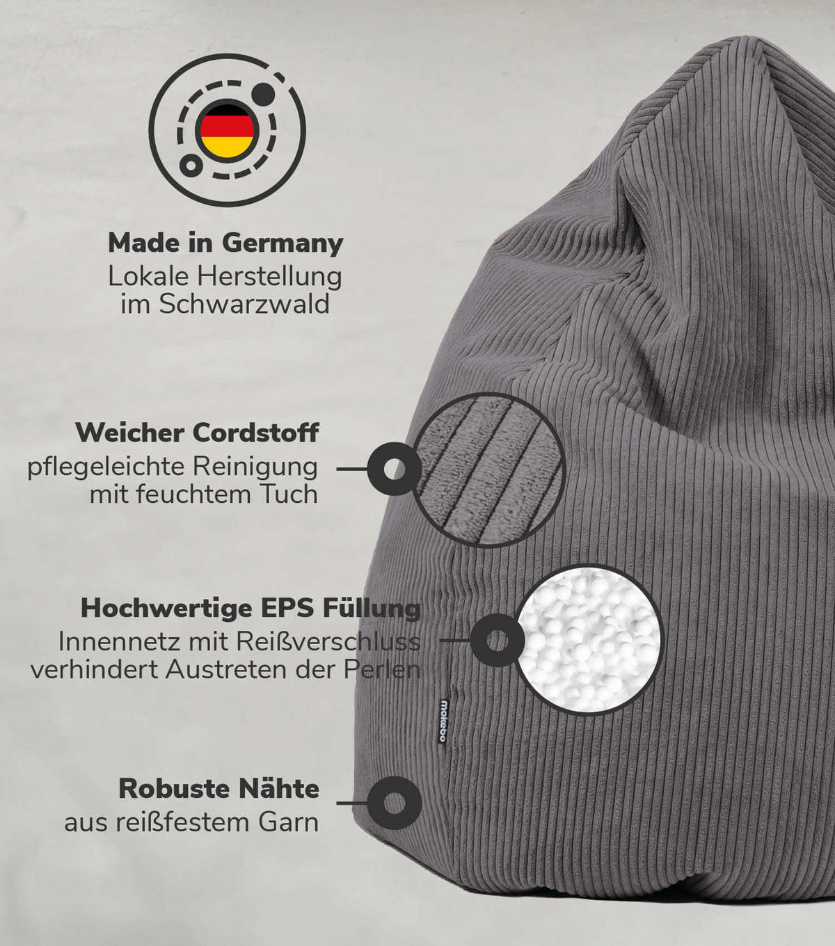 SITZSACK Cord Der Tagträumer - Anthrazit, Textil (80/130/80cm) - Mokebo