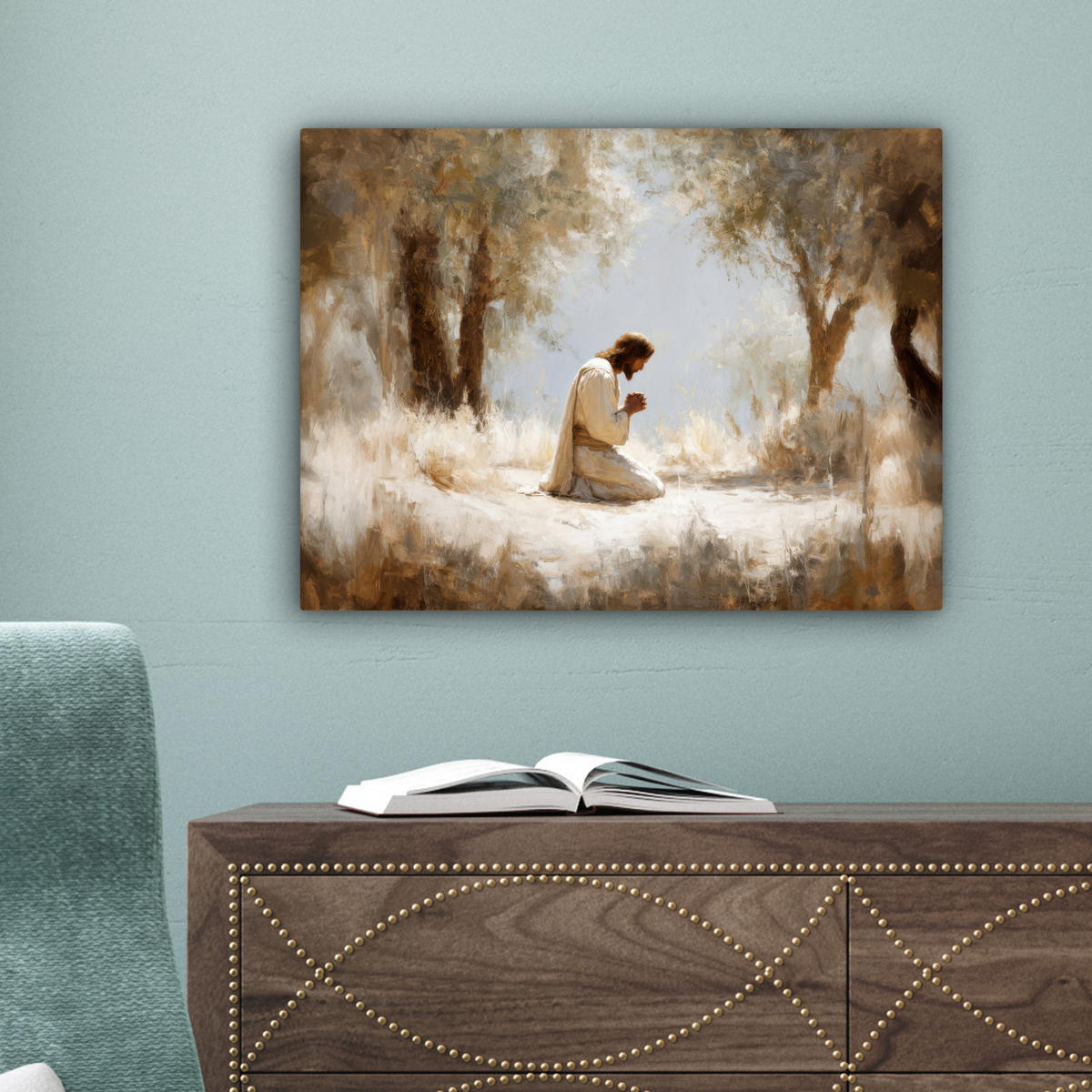 LEINWANDBILD Jesus - Kniend - Waldlandschaft - Betend Wandbild 40x30 cm - Beige/Hellblau, Textil (40/30cm) - MuchoWow