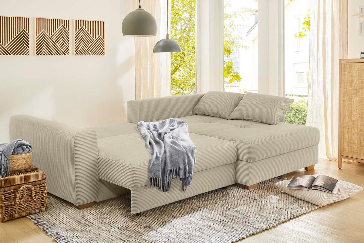 ECKSOFA-DAUERSCHLÄFER Federkern Bettkasten, seitenverkehrt montierbar B288/T186/H86 cm, Liegefl. 153x245 cm, Cord Beige Grau / 15154 - Greige/Eichefarben, Holz/Textil (288/186cm) - luma-home