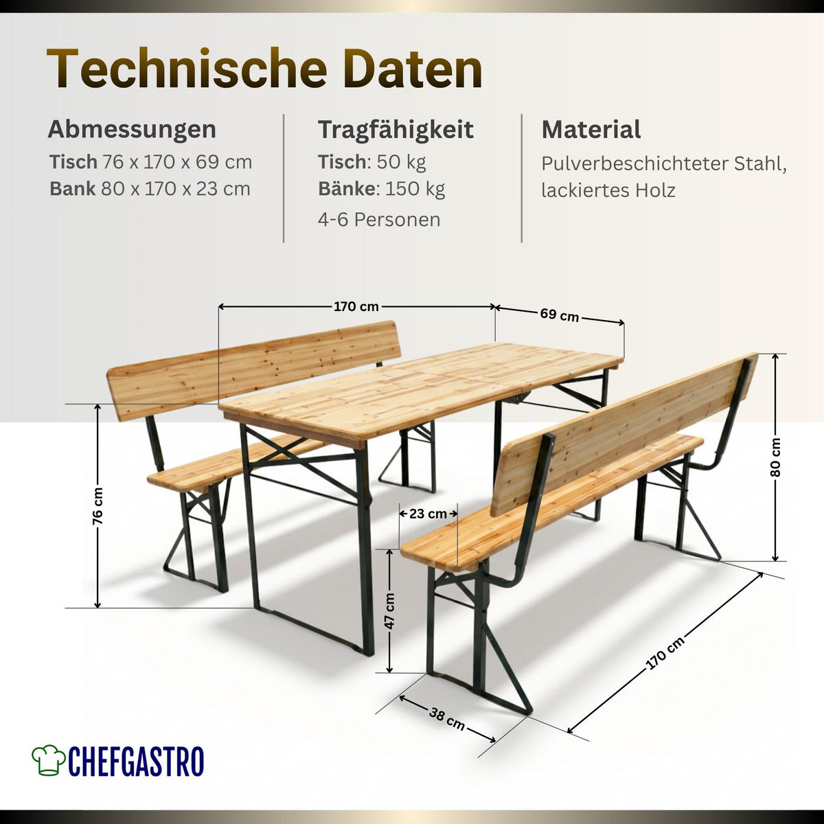 BIERZELTGARNITUR mit Lehne mittig klappbar 170 cm - Schwarz/Naturfarben, Holz/Metall - CHEFGASTRO
