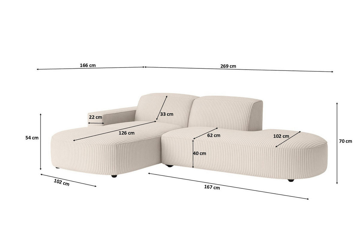ECKSOFA Cursal Atelier, Stoff Poso, Beige, Links - Creme, Holz (269/166cm) - Kaiser Möbel