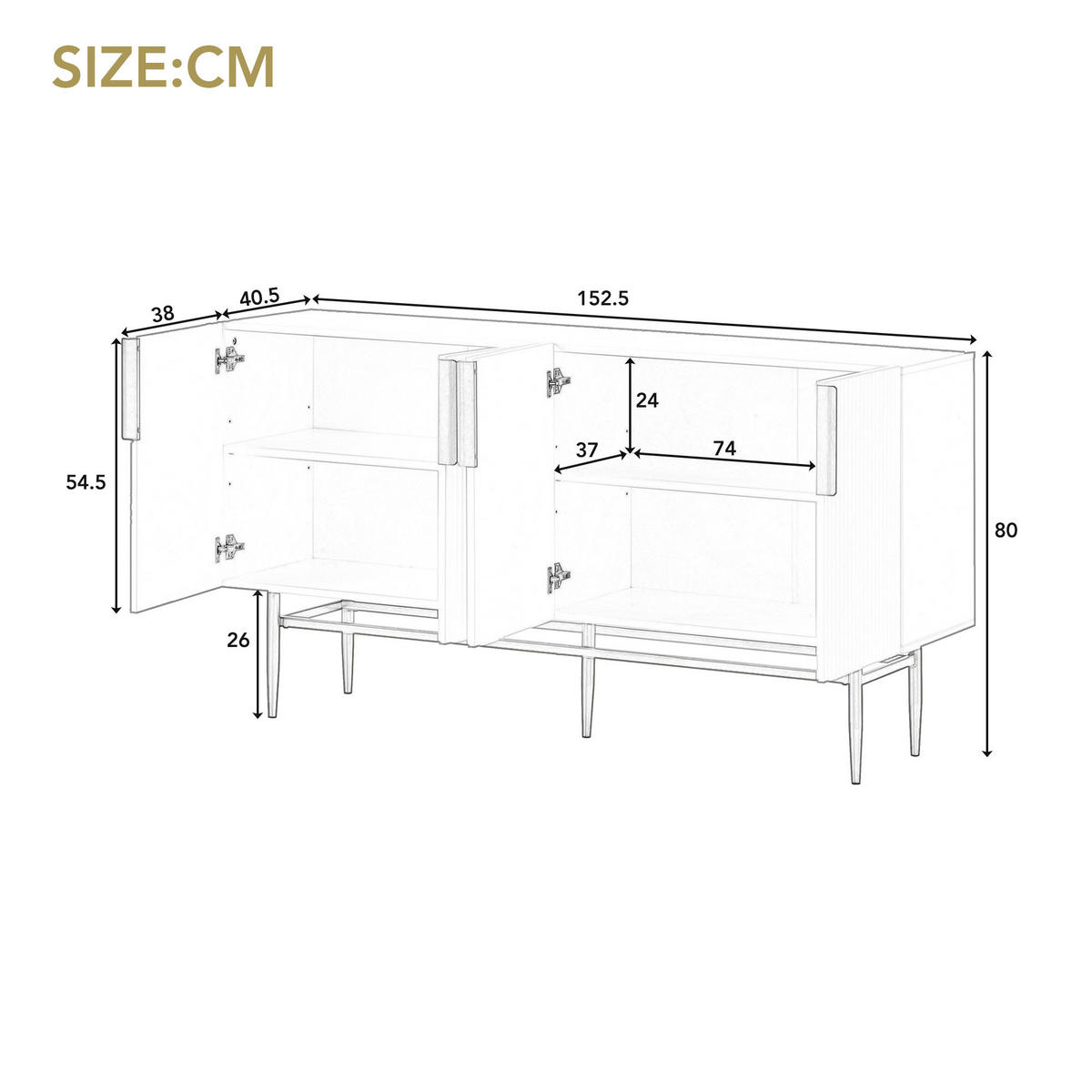 SIDEBOARD mit 4 Türen und Goldakzenten, 152.5/40.5/80cm - Schwarz, Holzwerkstoff (152.5/80/40.5cm) - Urban Meuble