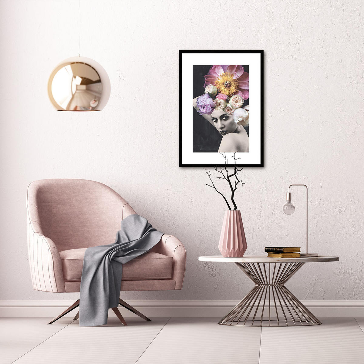 POSTER mit Rahmen 50x70 cm Frauenportrait Blumen - Rosa, Holz (51/71cm) - artissimo