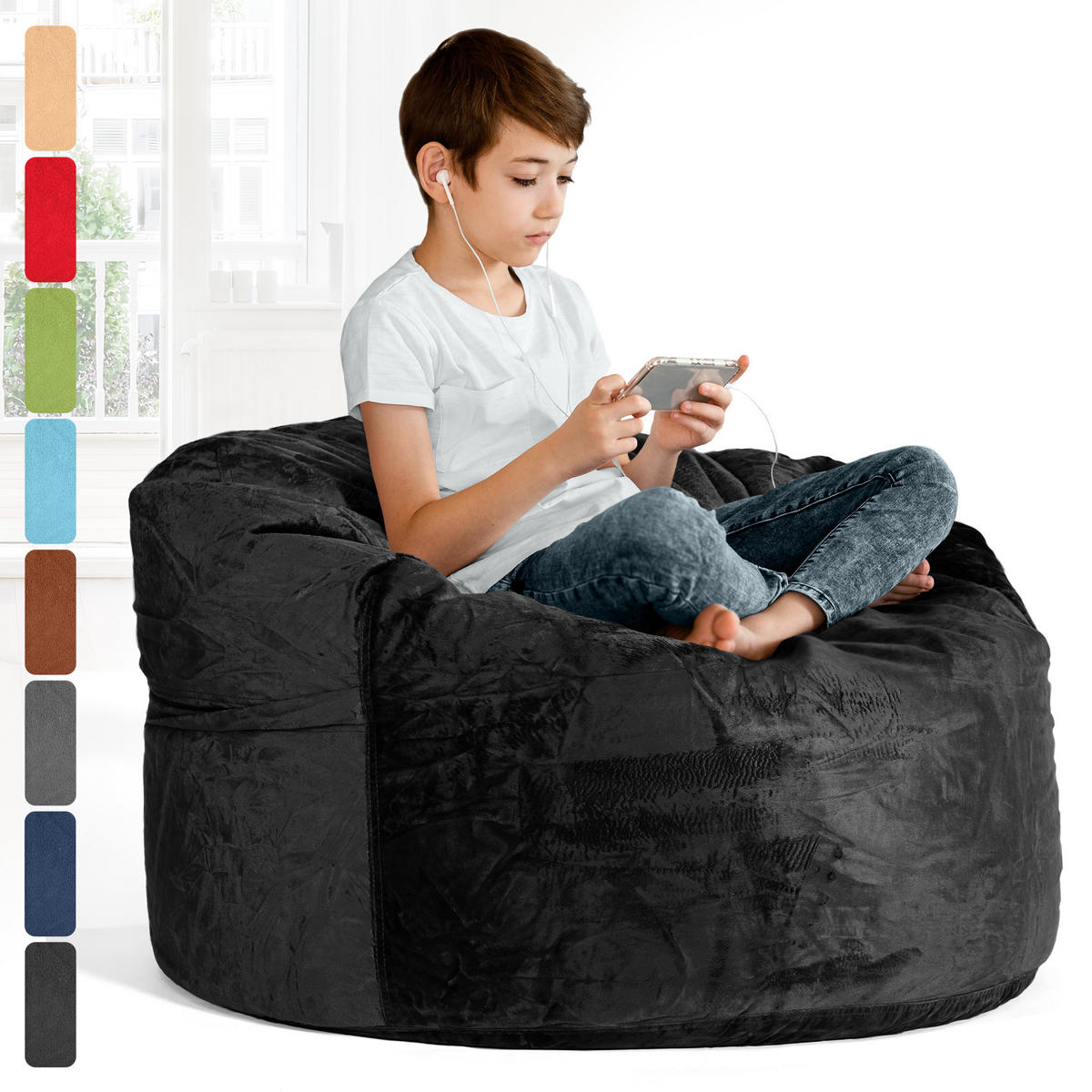 RIESEN-SITZSACK XXL JUMBO Velours 3ft - Schwarz, Textil (105/65/105cm) - Green Bean