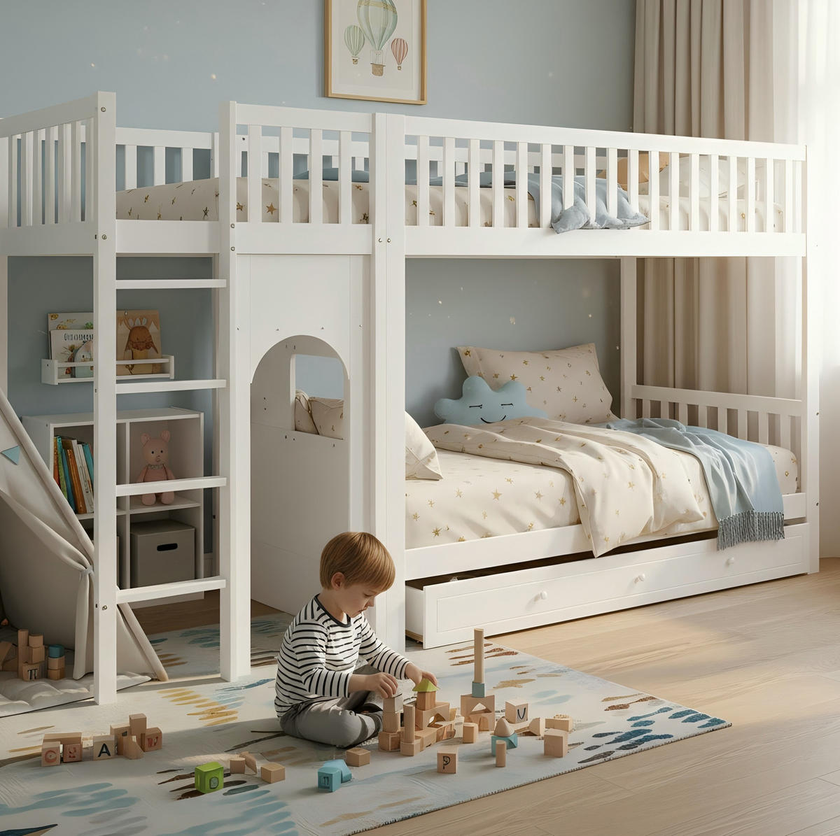ETAGENBETT 90/200 cm aus Kiefer und MDF mit vierseitigen Geländern Weiß/Natur - Weiß, Holz (90/200cm) - Modenvie