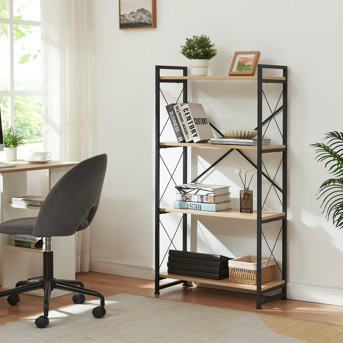 STOJANOVÁ POLICE Skørping - černá/barva dubu, kov/kompozitní dřevo (65/125/30cm) - [en.casa]