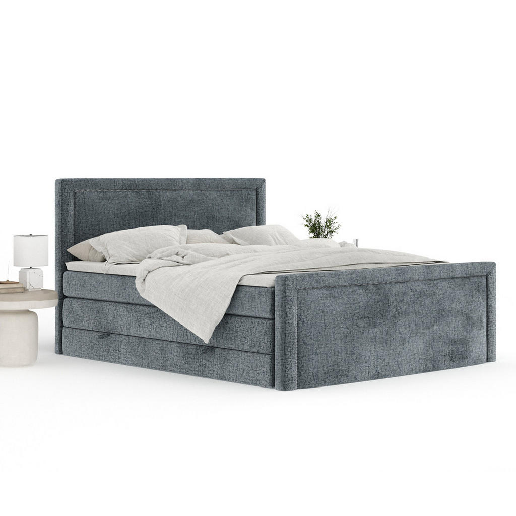 Thumbnail - Maison de Reve Boxspringbett, Blaugrau, Textil, Buche, Kiefer, H3 + H4, 7-Zonen, Höhe ca. 40 cm, 160x200 cm, Handmade in...