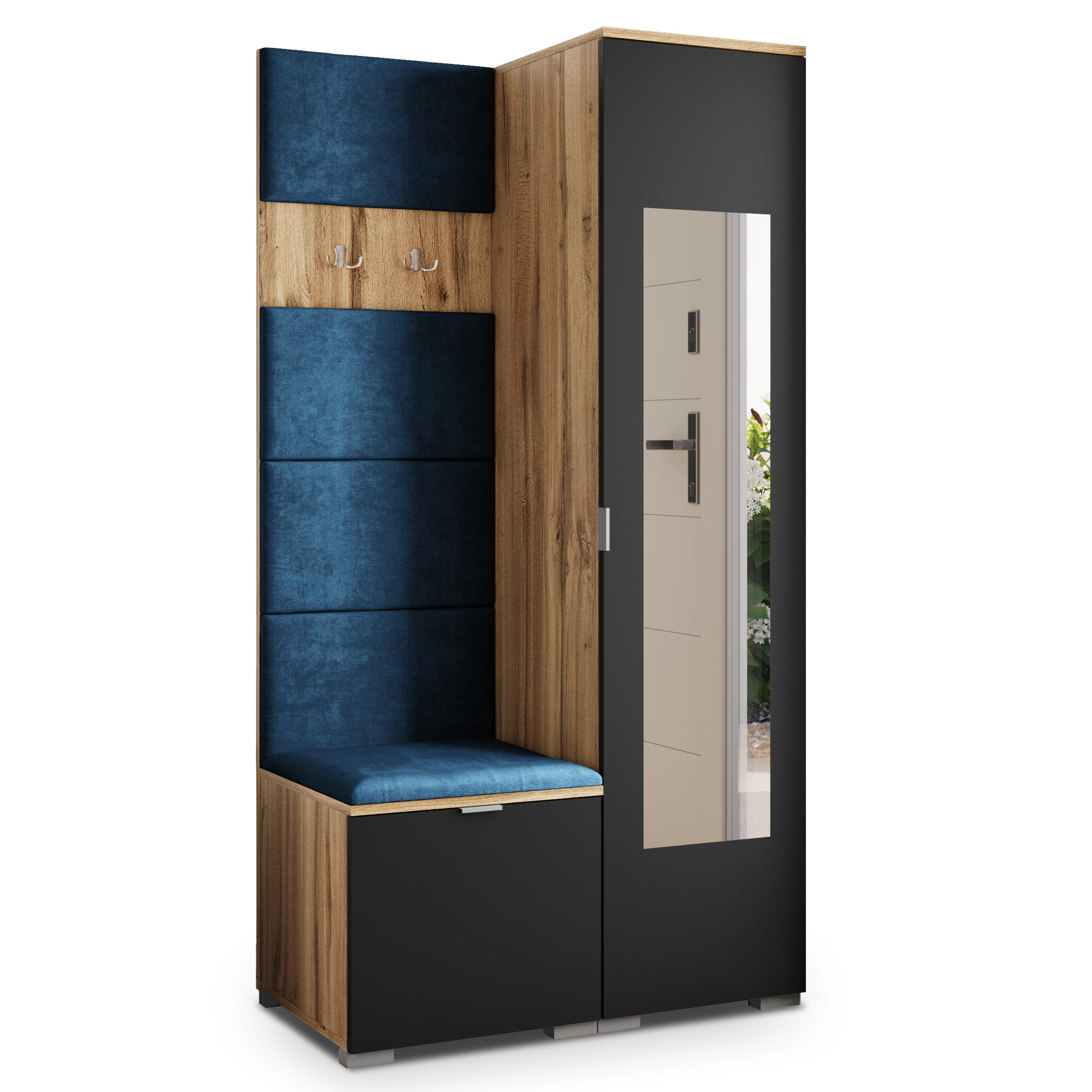 Masseno Garderobenschrank Eiche Wotan, Schwarz, Blau 95x181x51 cm