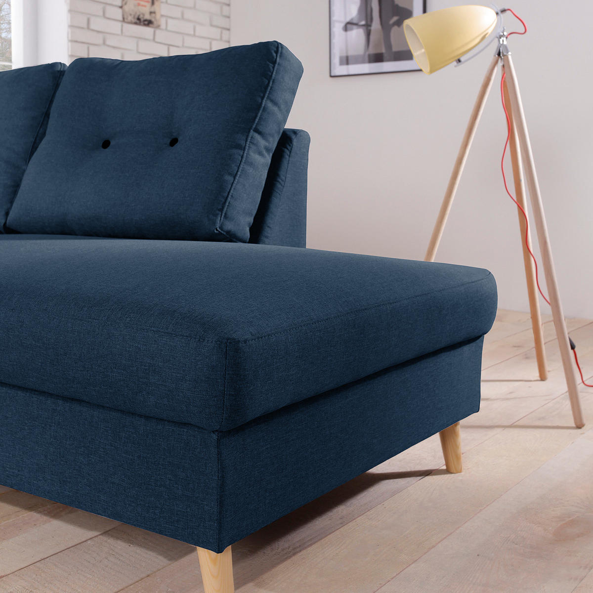 ECKSOFA mit Ottomane - Webstoff - Hellbraun/Blau, Holz/Textil (230/200cm) - home24