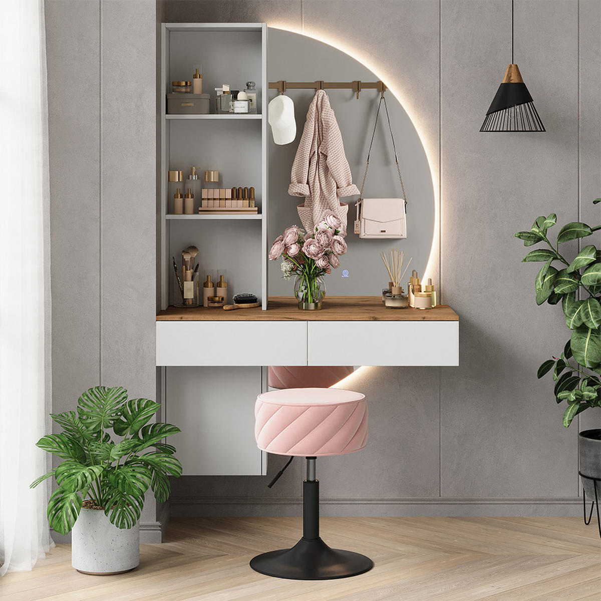 SCHMINKTISCH Melora Weiß/Eiche 100 cm mit LED-Spiegel - Weiß, Holzwerkstoff (100/155/40cm) - Vicco