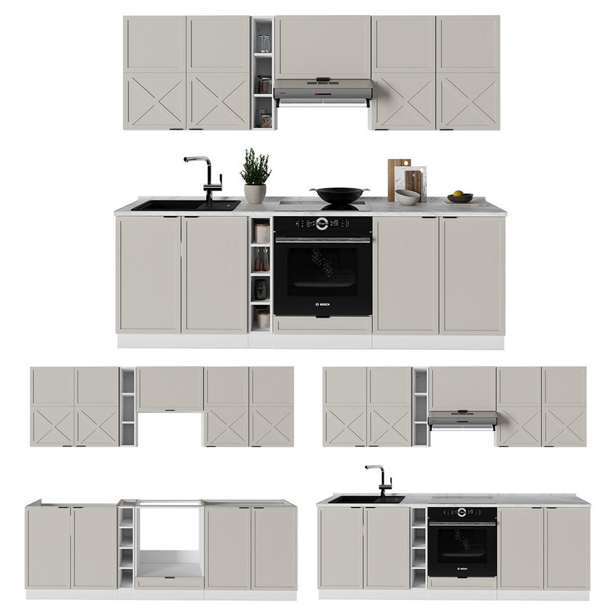 KÜCHENZEILE Fame-Line GrauBeige/Weiß 235 cm ohne AP - Weiß/Grau, Holzwerkstoff (235/81.6/46cm) - Vicco