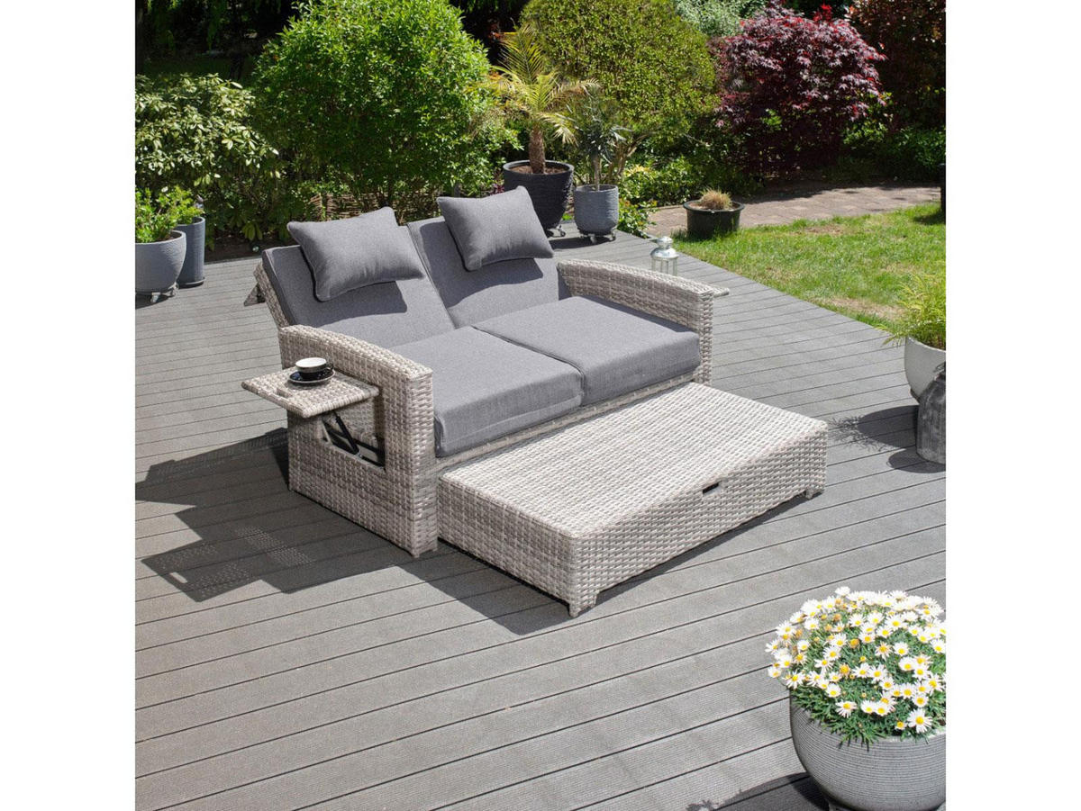 GARTEN-MULTIFUNKTIONSSOFA Sunny Grau Polyrattan ausklappbar für 2 Personen - Grau, Kunststoff (80/175/120cm) - Green Spirit