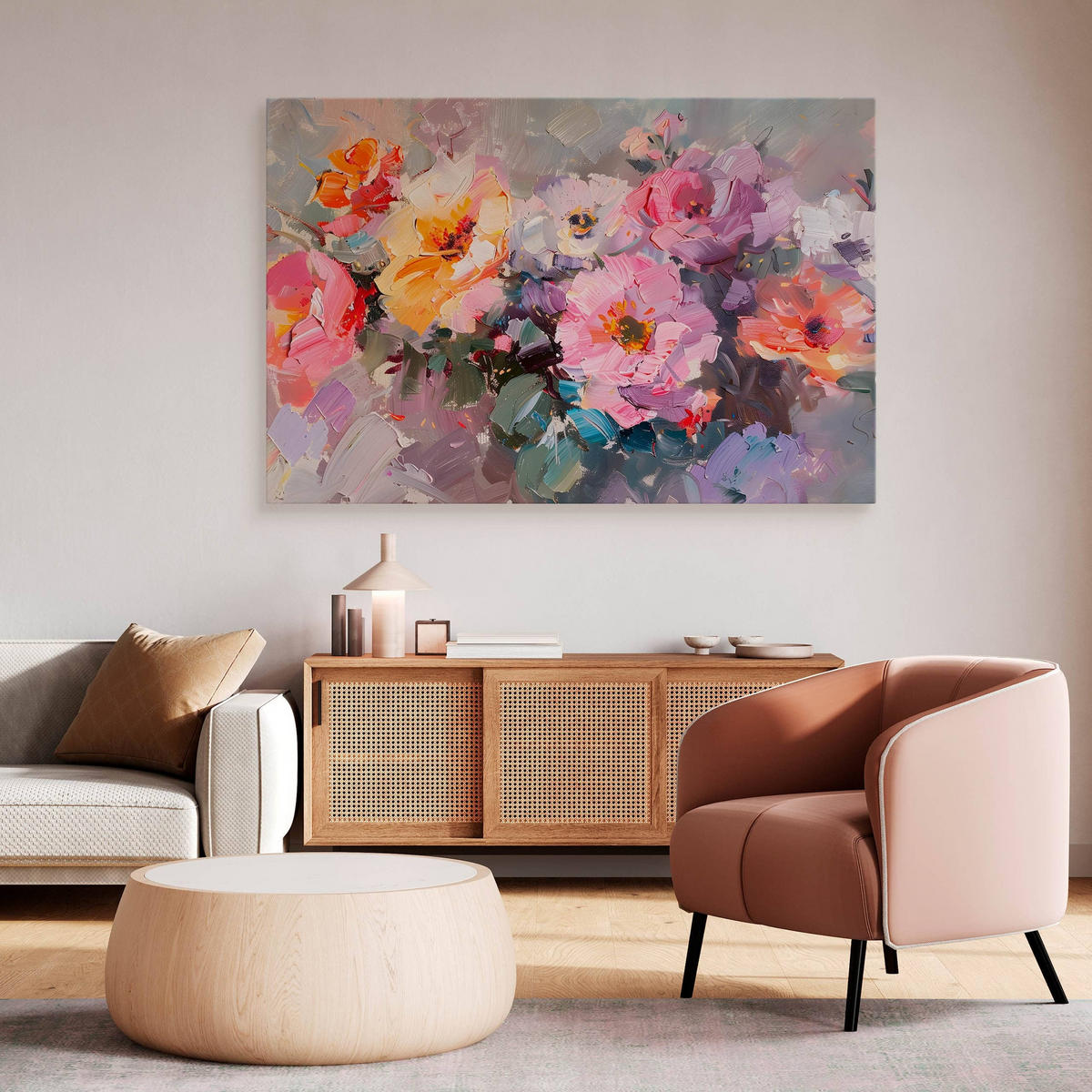 LEINWANDBILD für Wohnzimmer bunte Blumen Malarei 120cm x 80cm - Blau/Beige, Textil (120/80cm) - Muralo