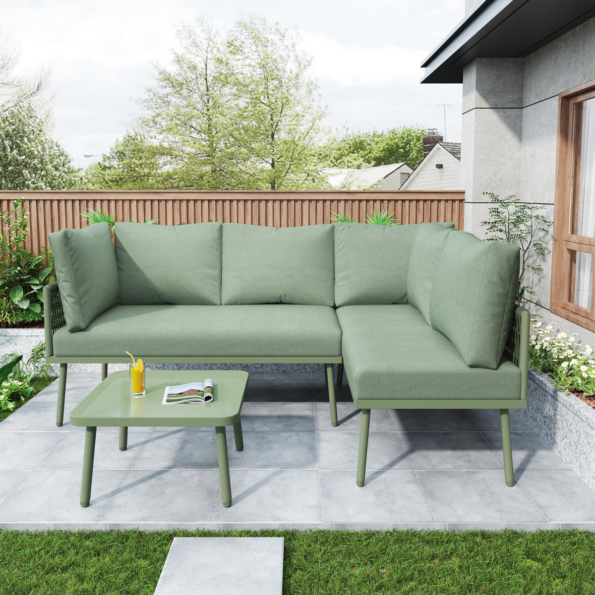GARTEN Lounge Set aus Eisen mit grünem Seil LForm mit Sitzkissen verstellbaren Füßen 2 Sofas und Tisch - Grün, Metall - FLIEKS
