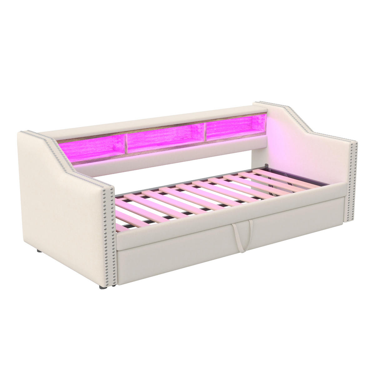 AUSZIEHBETT 90/180/190 cm DE-01942, in Beige, mit LED, USB und Staufach - Beige, Holzwerkstoff/Metall (90/190cm) - ComfortXL
