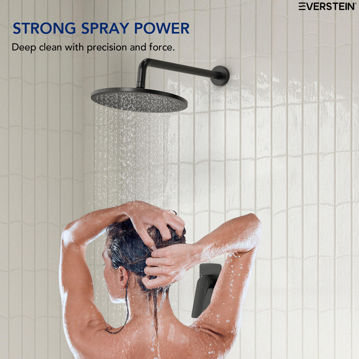 DUSCHARMATUR SFS-1285 Schwarz Matt, Unterputz, 253-mm-Regendusche, 400-mm-Brausearm, Einhebel, Messing, Einbautiefe 45-58 mm - Schwarz, Metall (25.3/15/40cm) - Everstein