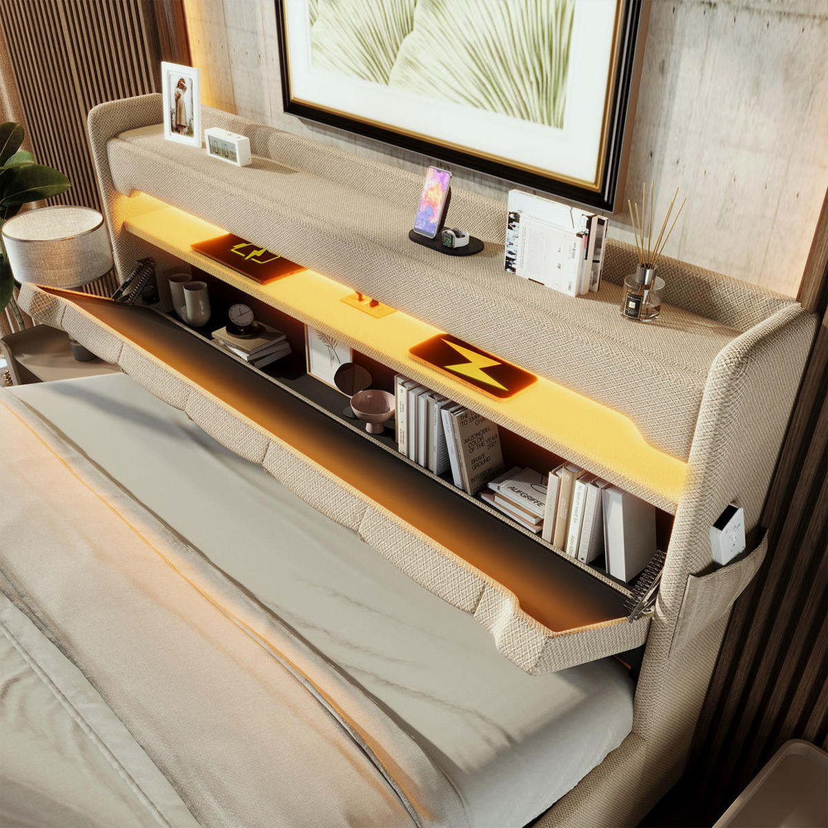 POLSTERBETT 160x200cm Doppelbett USB-C 360° LED Beleuchtung Stauraum Beige - Beige, Holz - FLIEKS