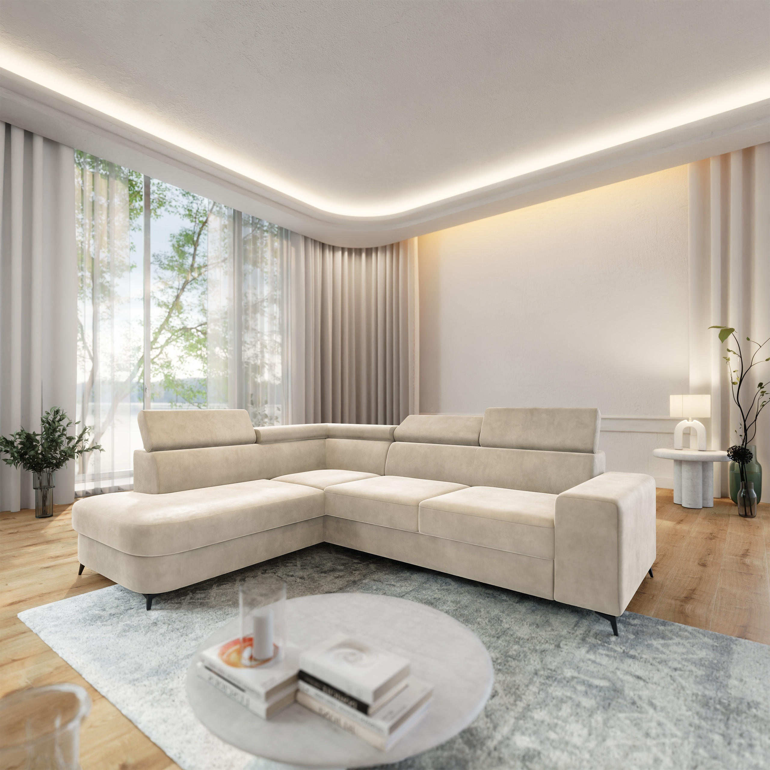 ECKSOFA ALVORO L-S Creme Velours-Stoff mit Schlaffunktion - Creme, Holz (253/190cm) - MASSENO