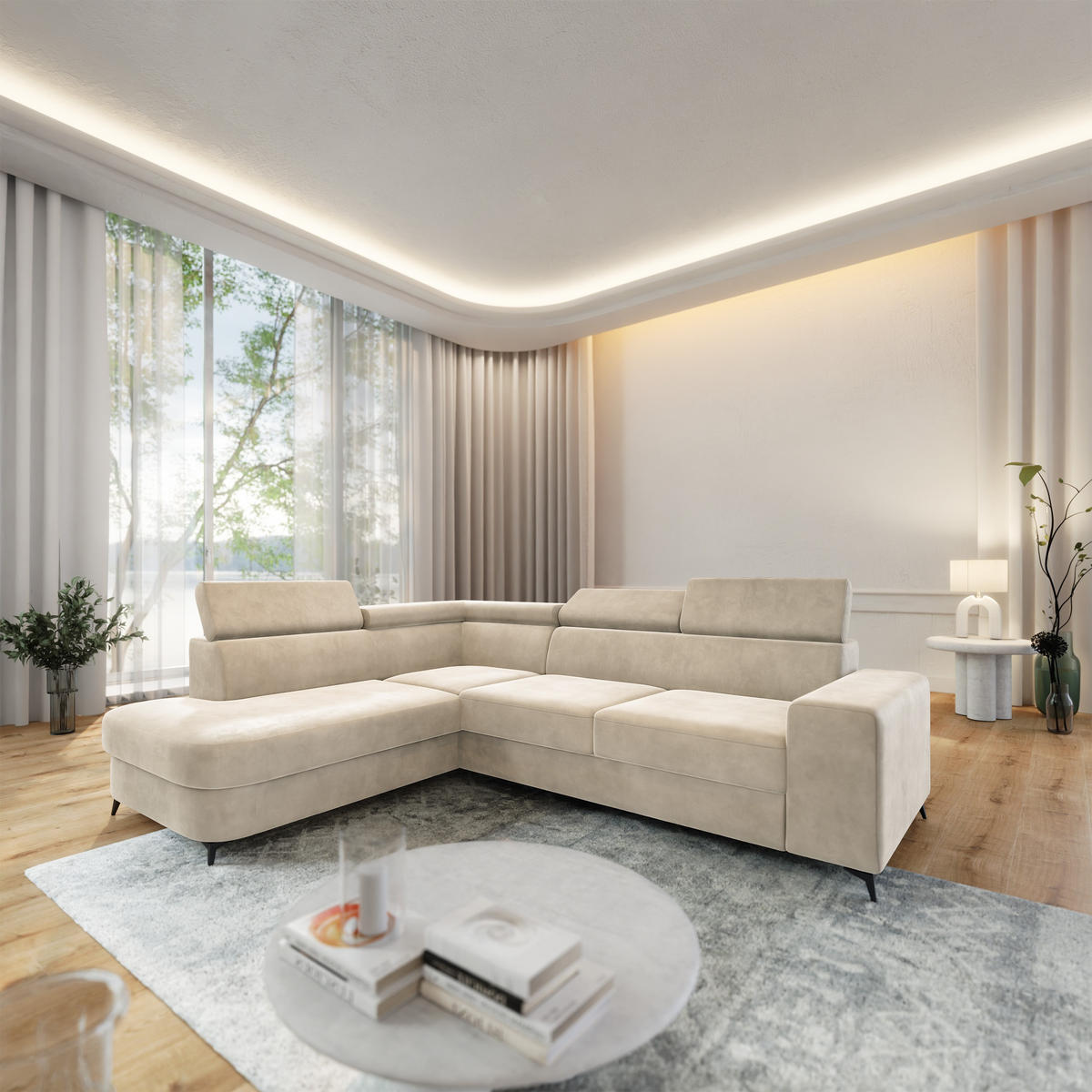 ECKSOFA ALVORO L-S Creme Velours-Stoff mit Schlaffunktion - Creme, Holz (253/190cm) - MASSENO