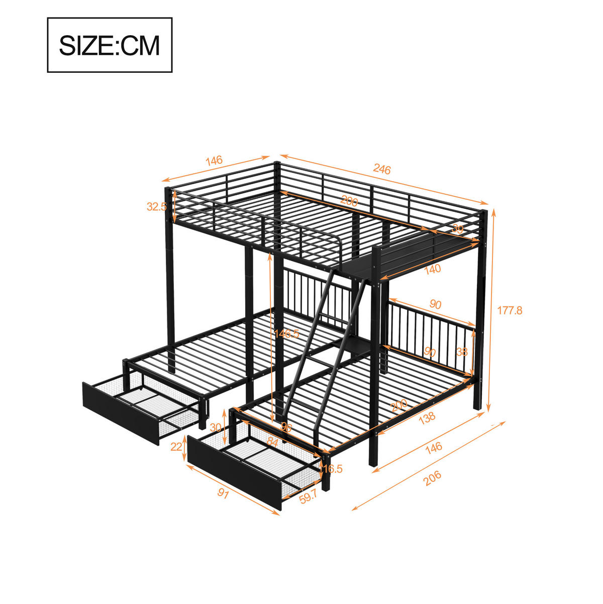 ETAGENBETT Kinderbette 140/200 und 2 x 90/200 cm aus Metall mit 2 Schubladen Schwarz - Schwarz, Metall (140/200cm) - Modenvie