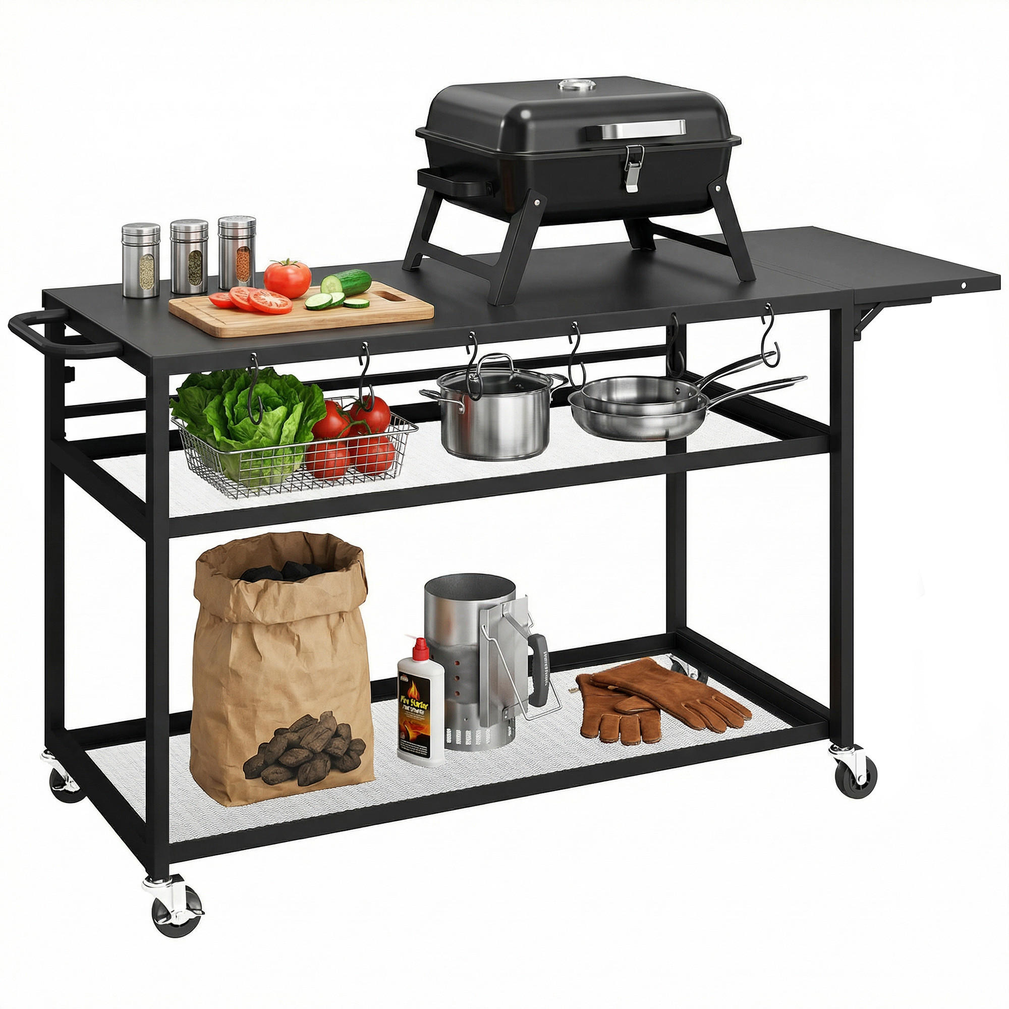 GRILLWAGEN DE-13882 klappbar mit 3 Ebenen Schwarz - Schwarz, Metall (48.5/82/133cm) - ComfortXL