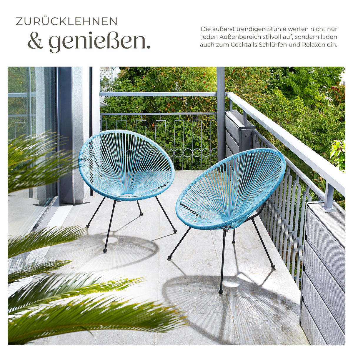 GARTENSTUHL 2er Set Santana, Belastbarkeit 120 kg, 70,5 x 69 x 78 cm, blau - Blau/Schwarz, Metall (70.5/78/69cm) - tectake