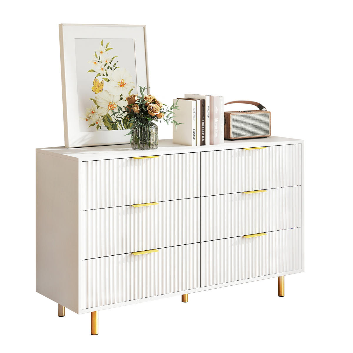 KOMMODEN-SIDEBOARD 120/40/72 cm mit 6 Schubladen in Weiß mit goldfarbenen Details - Weiß, Holzwerkstoff (120/72/40cm) - BEAOK