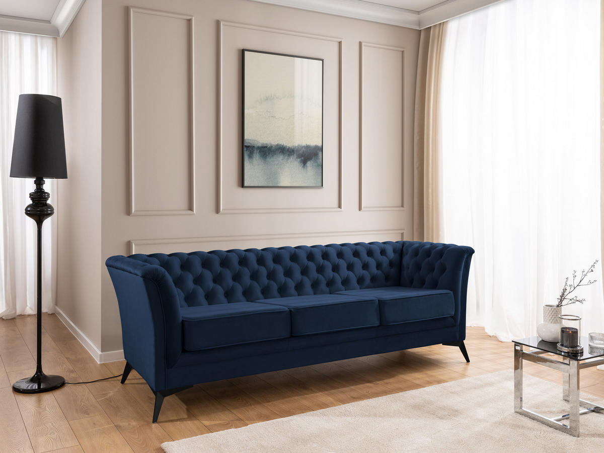 CHESTERFIELD-SOFA 3-sitzer Whitby Marineblau Samt mit schwarzen Füßen - Schwarz/Dunkelblau, Holz/Textil (237/78/82cm) - S-Style Möbel